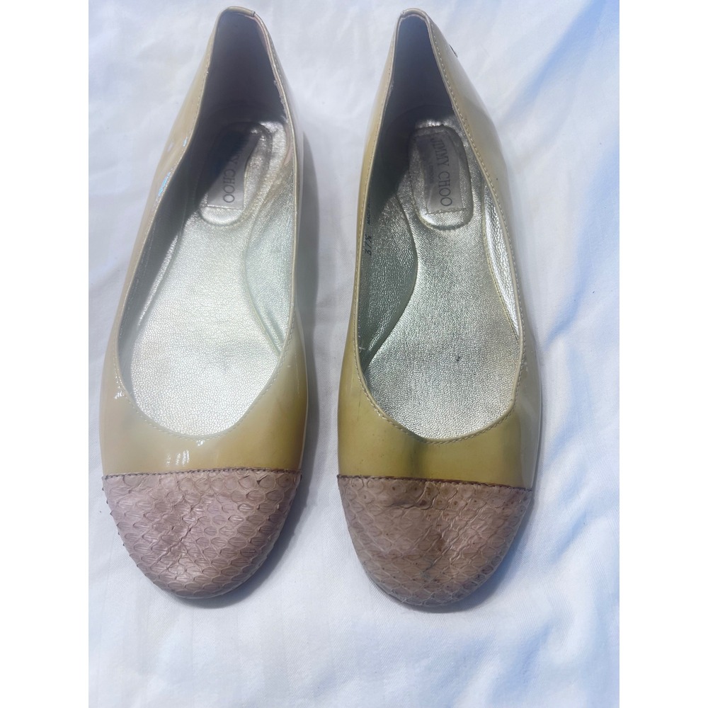 Jimmy Choo Patent Leather Cap Toe Ballet Flats Beige Pink Snakeskin 37.5 Italy
